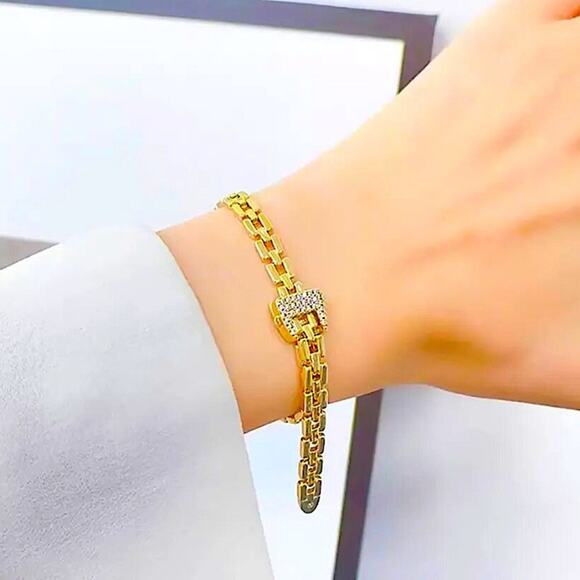 Gold Belt Buckle Bracelet Matching Ring Set, Zircon, Chain Link, Minimalist - Picture 10 of 13